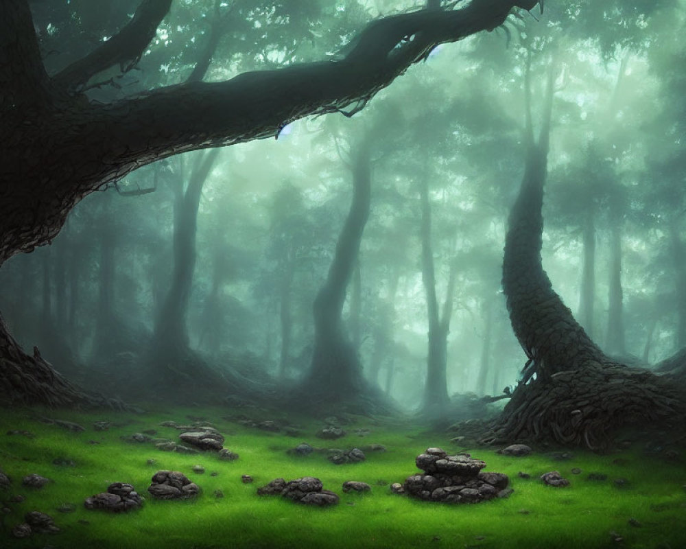 Mystical forest scene: fog, twisted trees, green undergrowth, stone circles