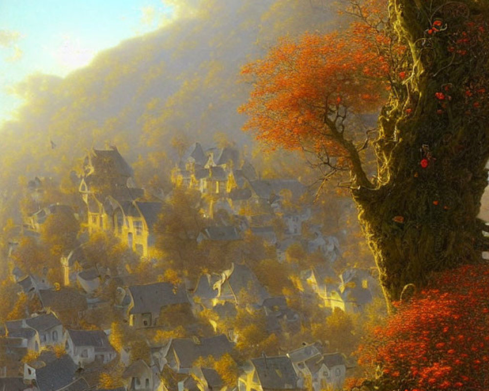 Autumn Village Landscape with Warm Sunlight and Colorful Trees