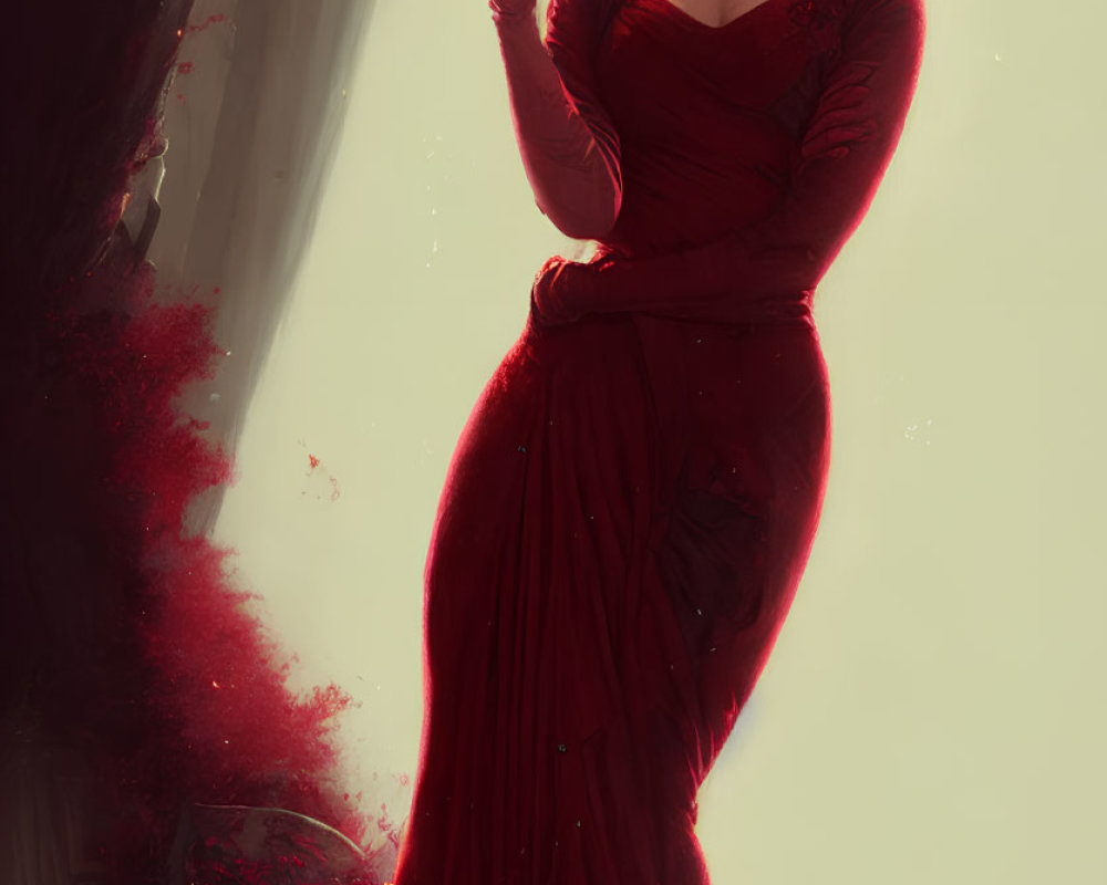 Confident woman in red gown with swirling mist against soft-lit backdrop