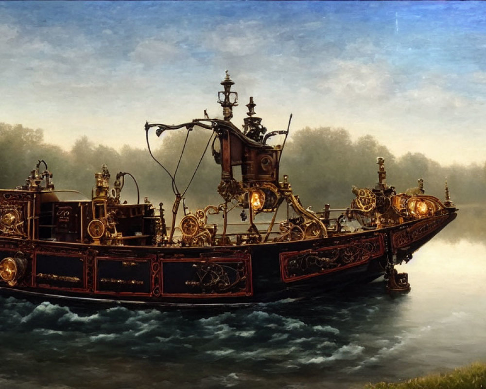 Intricate Steampunk-Style Boat on Calm River