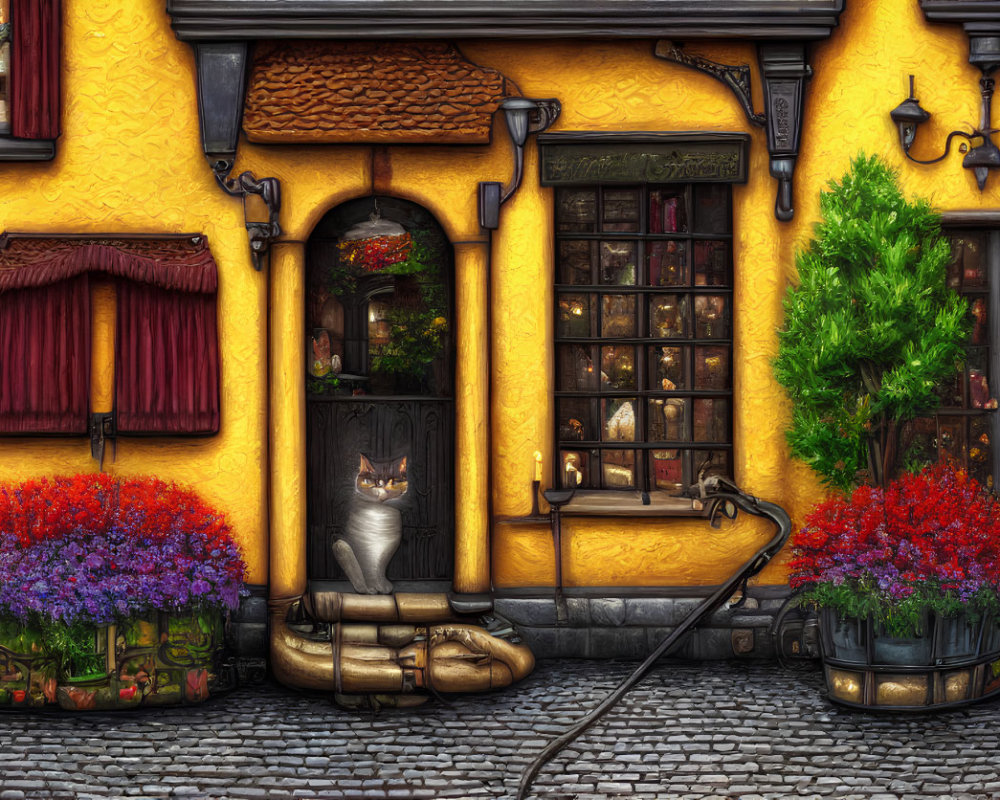 Charming yellow facade with cat figure, cobblestone street, and ornate windows