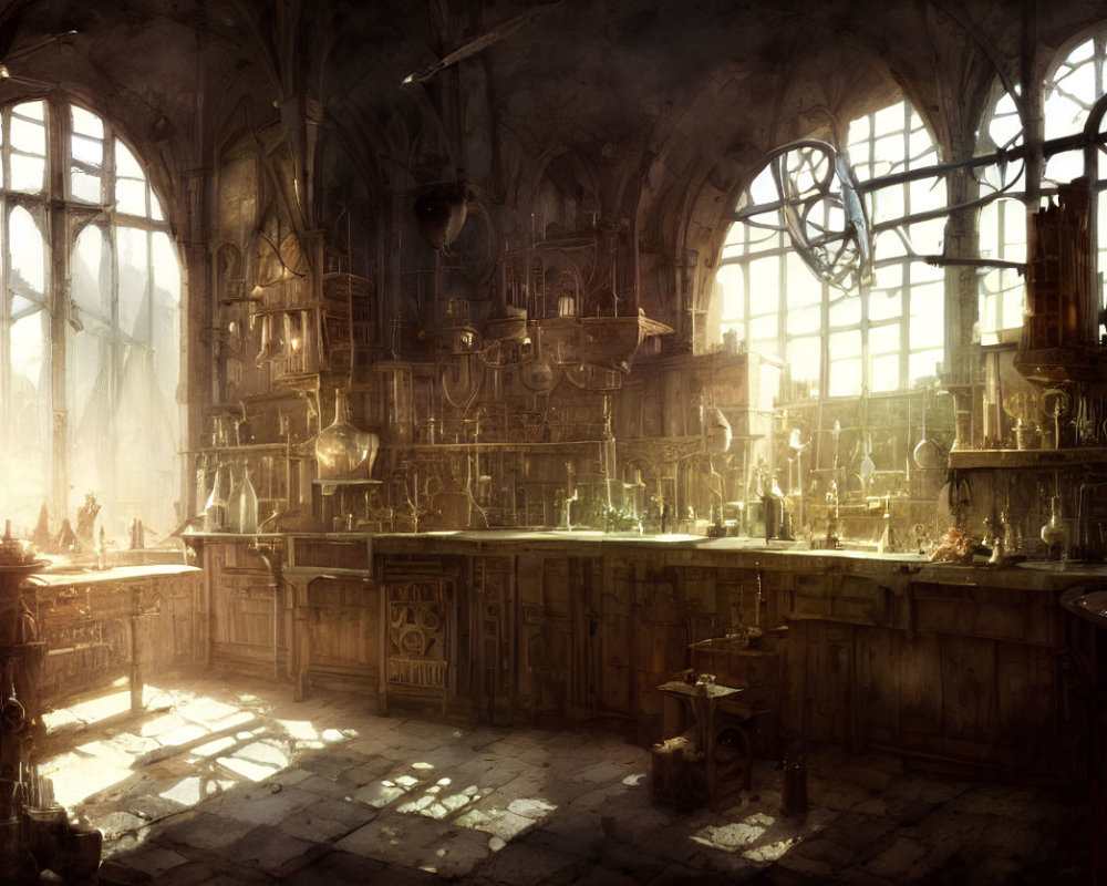 Mystical alchemist's laboratory with ancient books and glassware