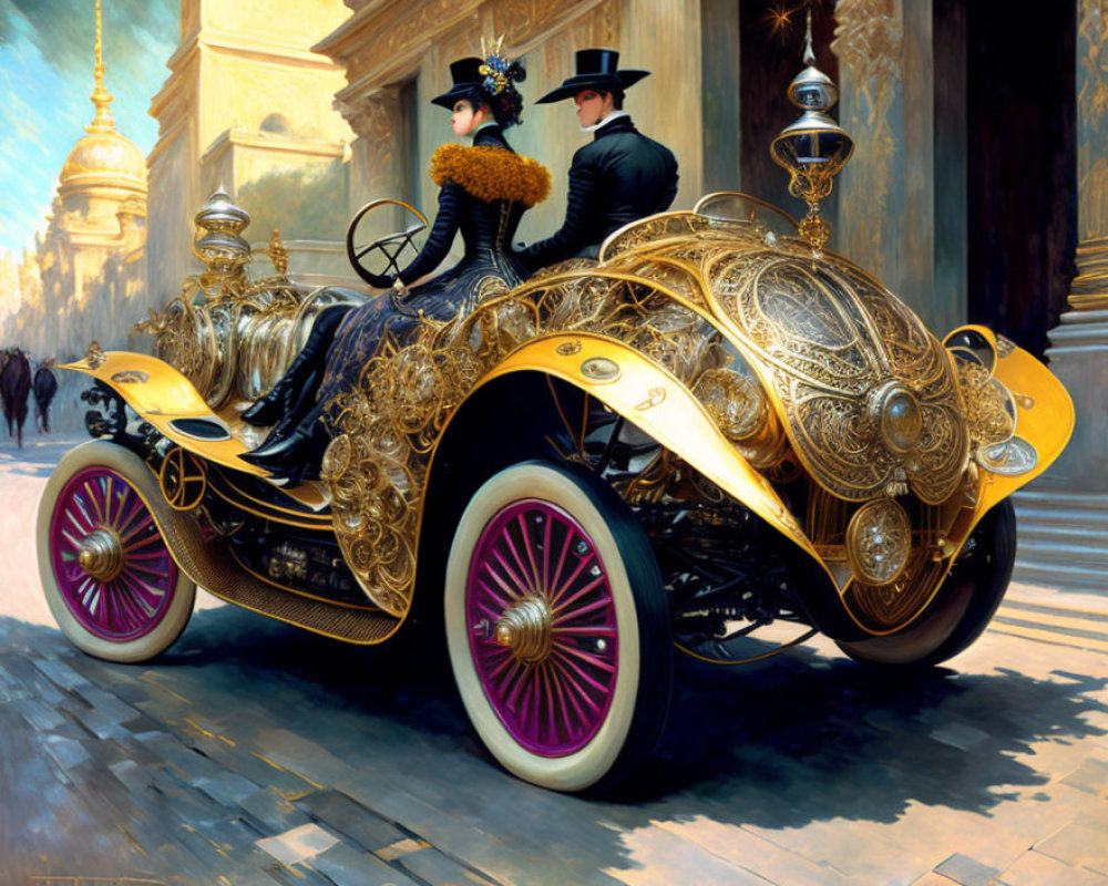 Period-Attired Man and Woman Ride Vintage Car in Historical City Setting