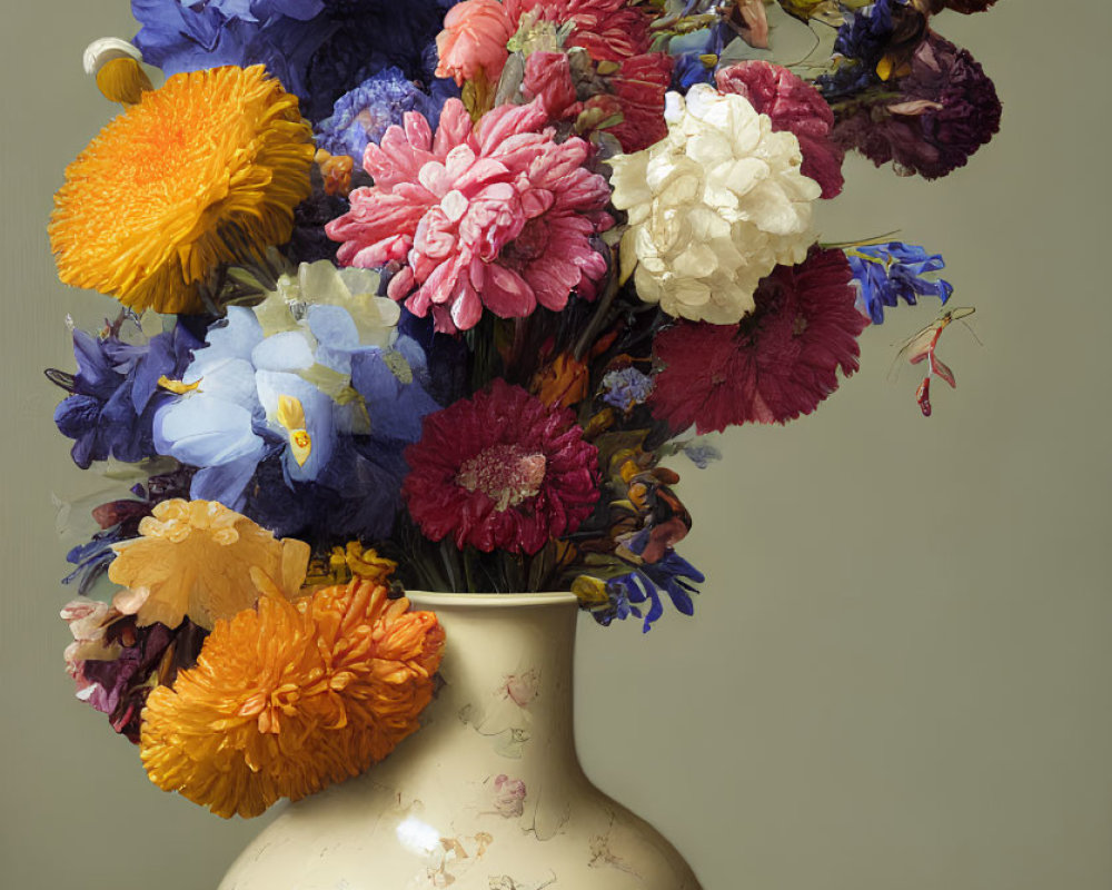 Colorful Flower Bouquet in Ornate Vase with Scissors on Neutral Background