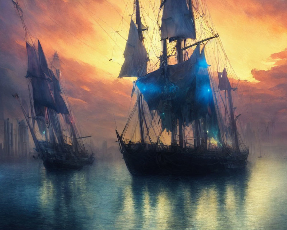 Majestic tall ships sailing on tranquil waters at sunset