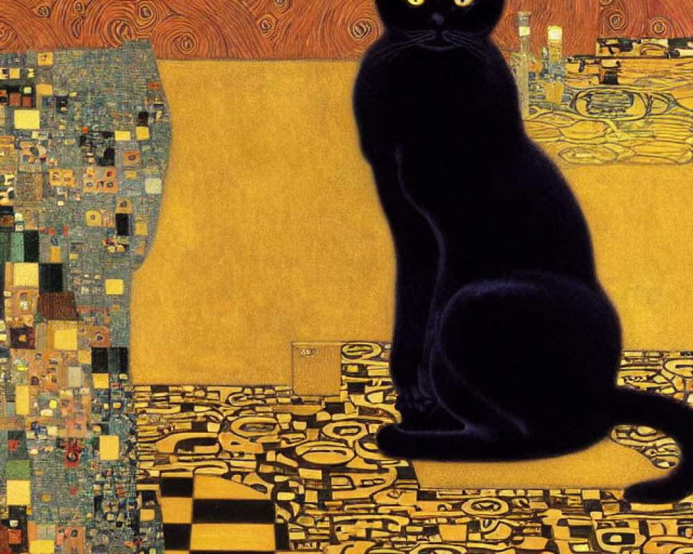 Black Cat on Checkered Surface with Abstract Mosaic Background