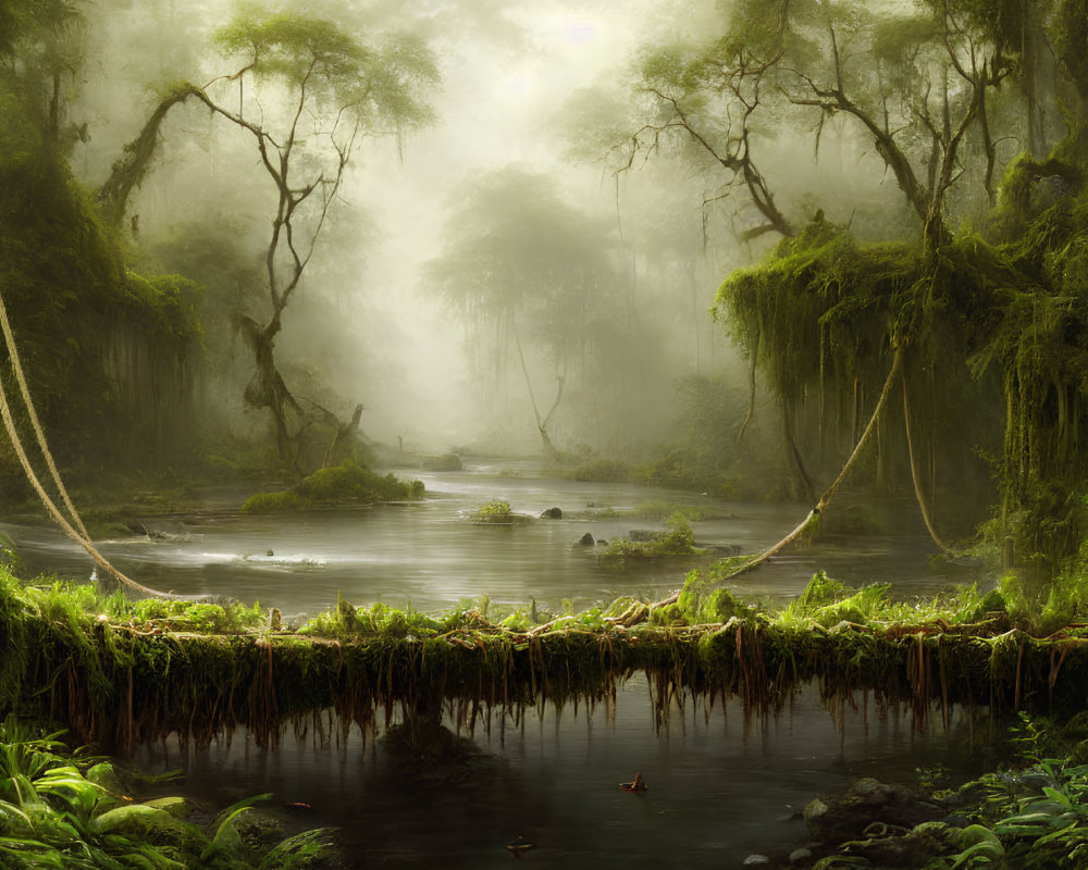 Lush Green Jungle Scene with Tranquil River