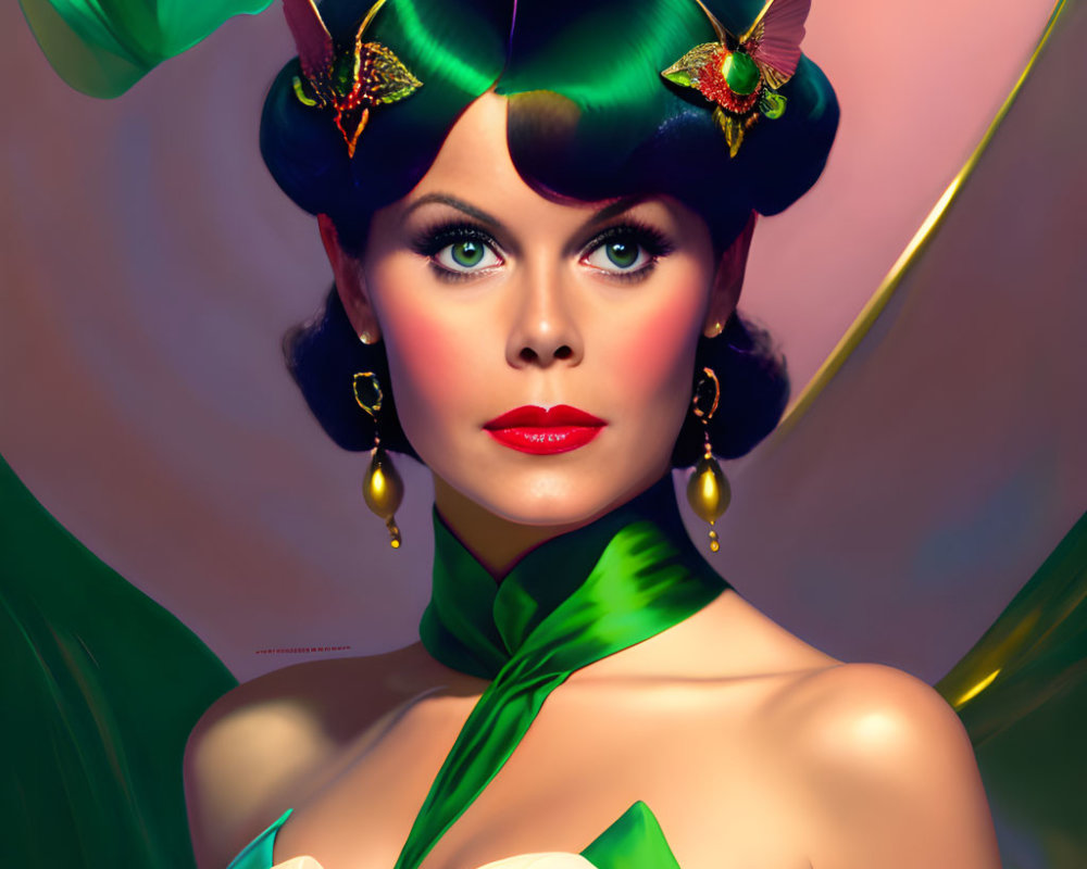 Colorful woman portrait with green headpiece, vibrant makeup, and butterfly ornaments.