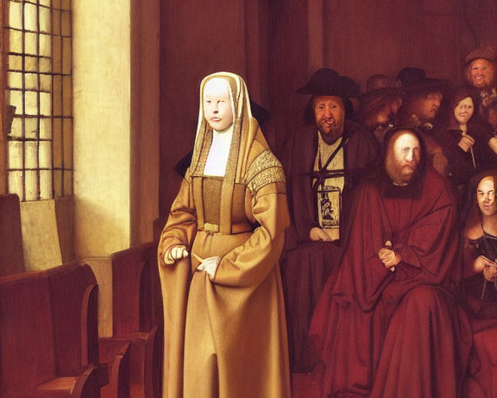 Nun standing in church with period attire onlookers and cross