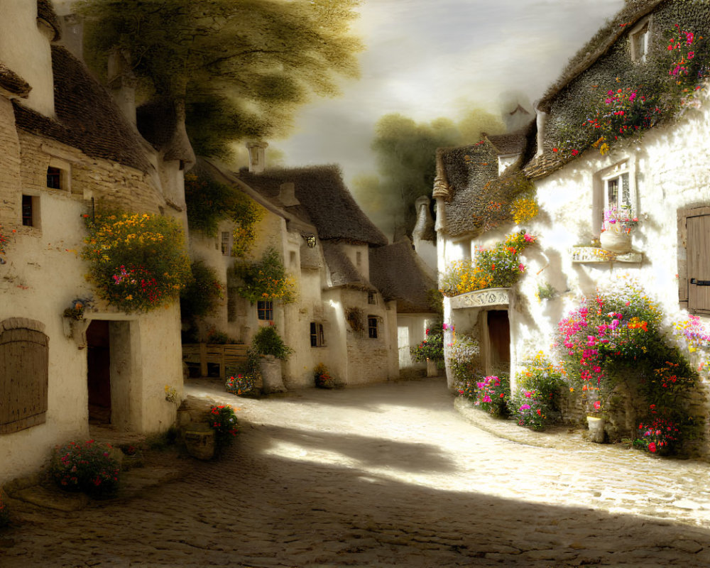 European village street with cobblestones, white thatched houses, and vibrant flowers