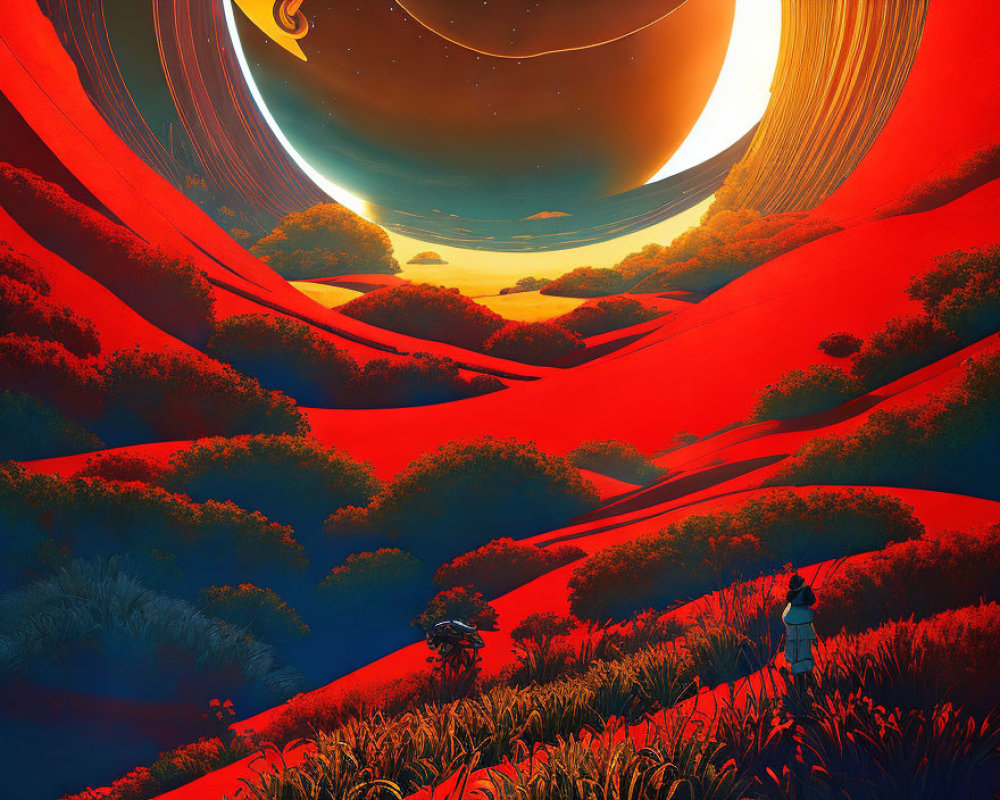 Person standing on red hillside path in vibrant sci-fi landscape