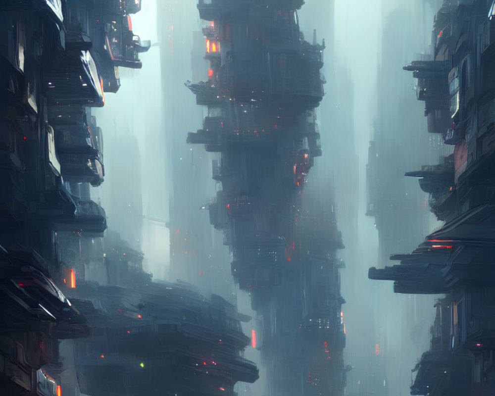 Futuristic cityscape with towering structures and red lights, featuring a lone figure.