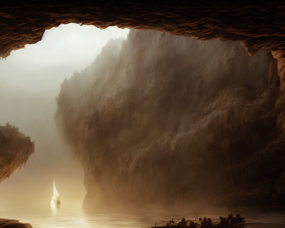 Tranquil lake with sailboat viewed from serene cavern opening