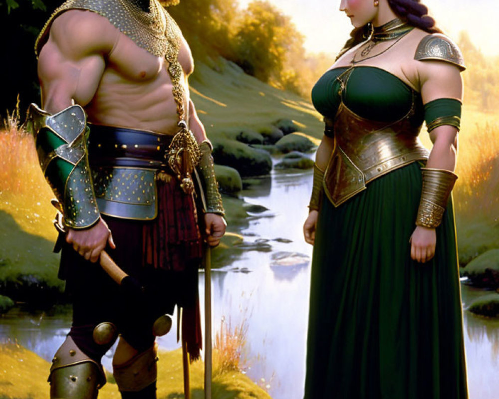 Muscular bearded warrior and elegant woman in medieval fantasy armor by stream in lush forest at sunset