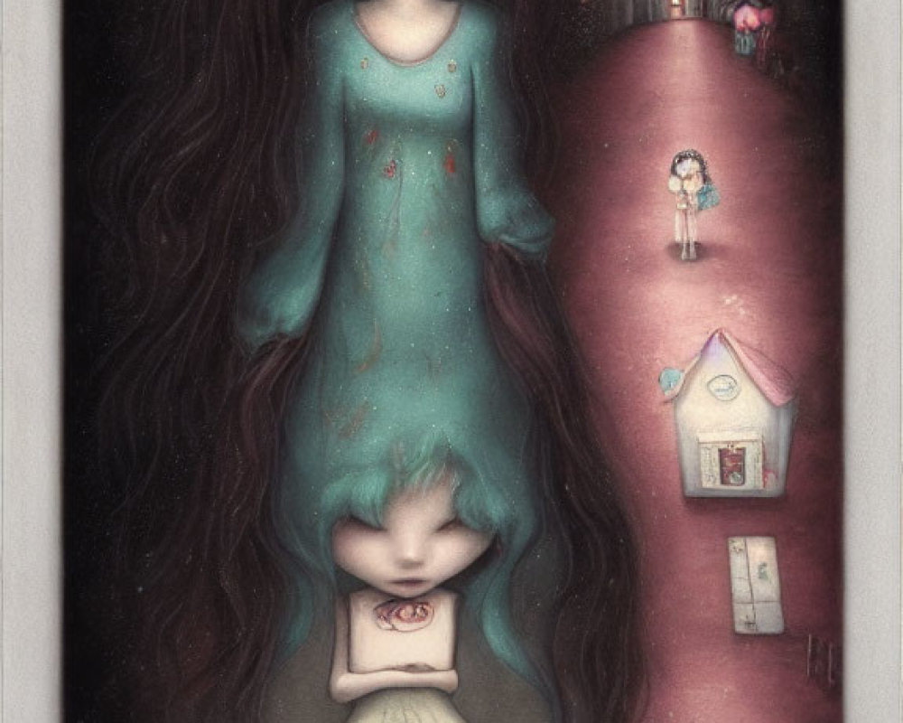 Surreal painting of girl with large eyes and long hair in dollhouse setting