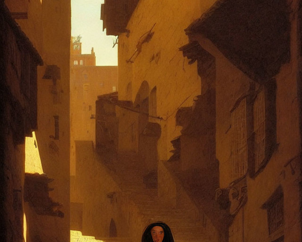 Cloaked figure walking down sunlit stairs in shadowed alleyway