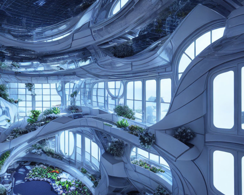 Modern interior with white curving structures, glass ceilings, and lush greenery.