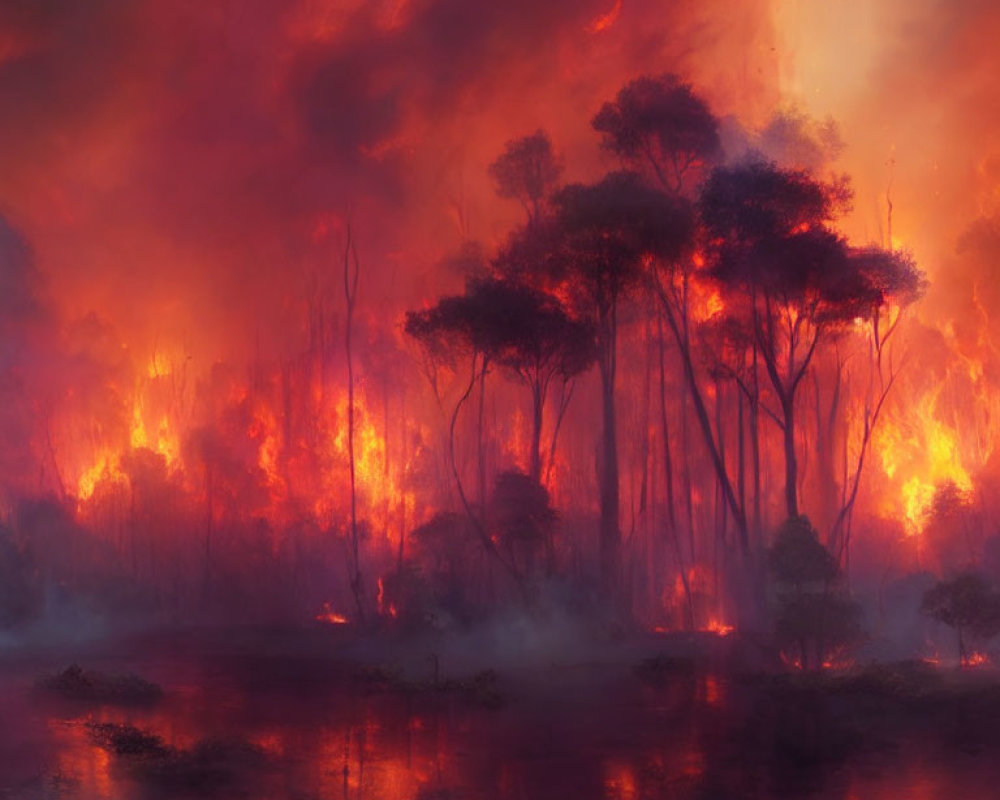 Intense forest fire with billowing smoke and fiery silhouettes reflected in water