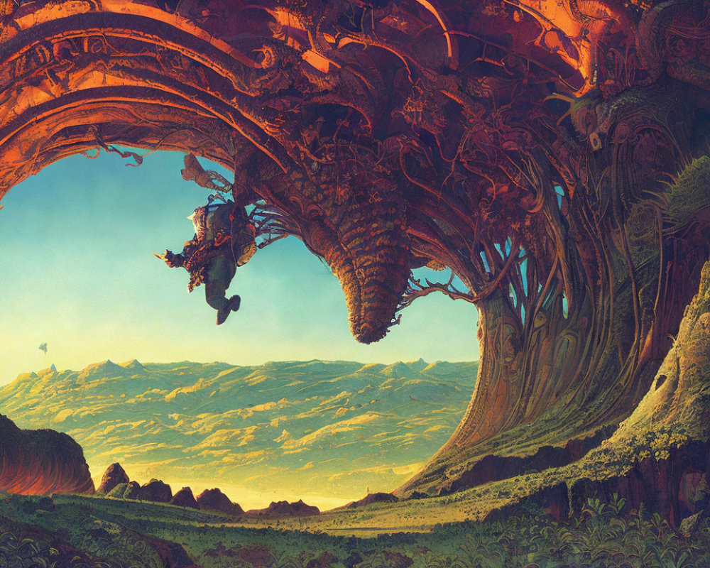 Sci-fi landscape with colossal organic structure and figure in mid-air