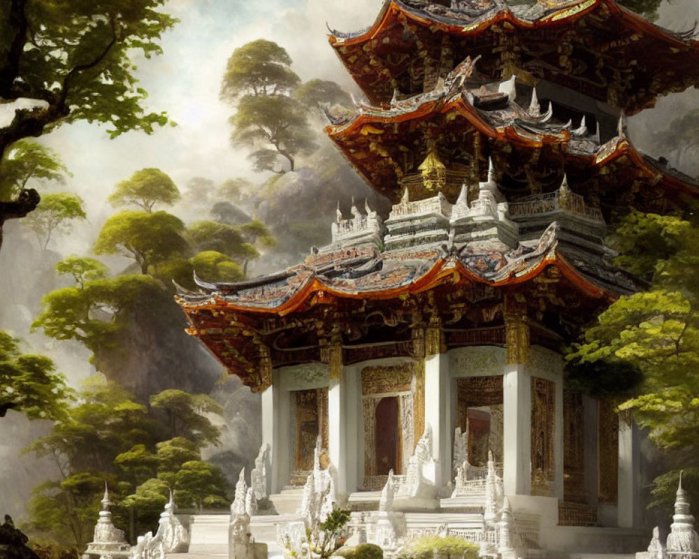 Ornate multi-tiered temple in lush surroundings with misty mountains and intricate statuary.