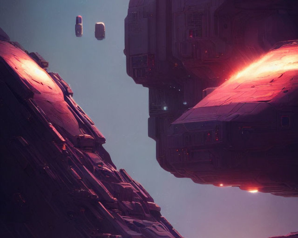 Futuristic spaceships over red terrain with silhouettes of people under dusky sky