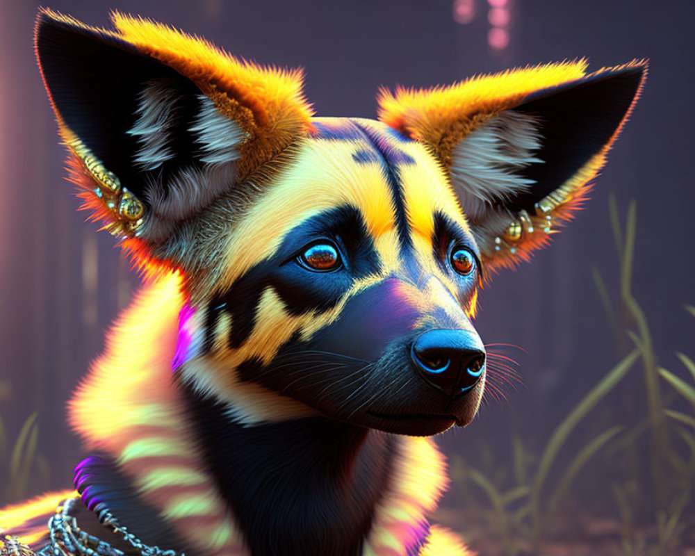 Colorful Stylized African Wild Dog Artwork with Intricate Patterns and Jewelry