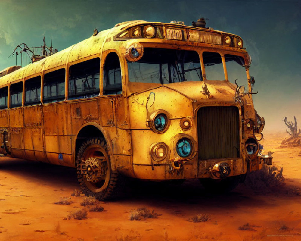 Weathered Yellow School Bus Abandoned in Desert Landscape