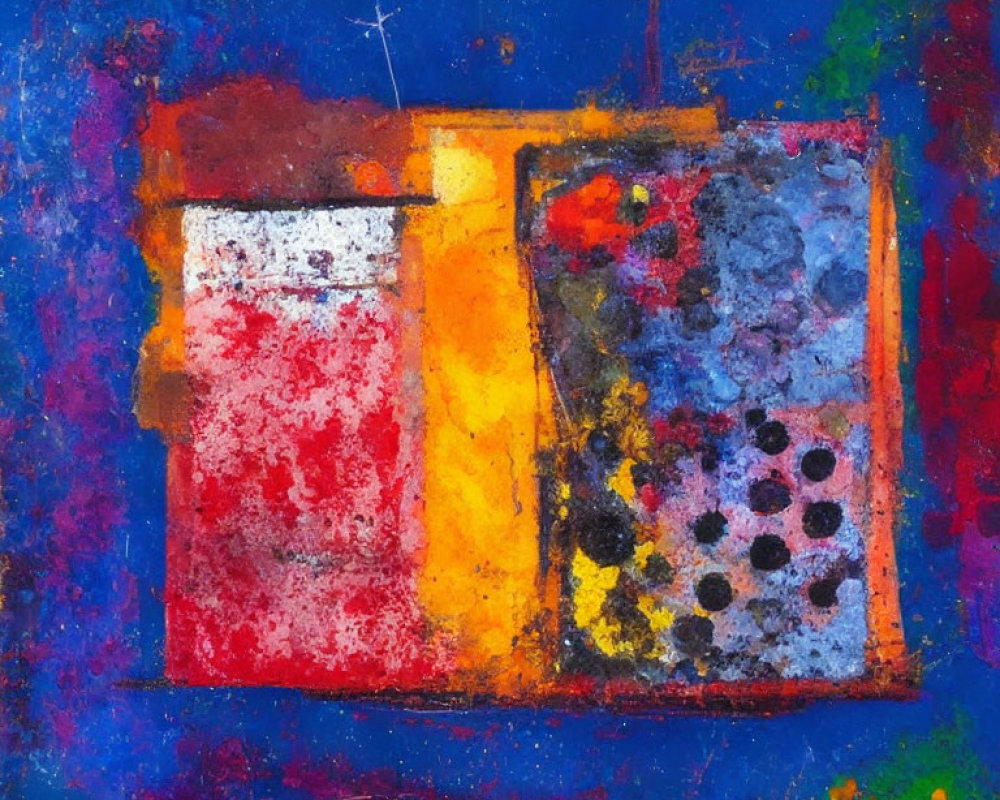 Vibrant Abstract Painting with Blue, Red, and Yellow Blocks on Textured Background