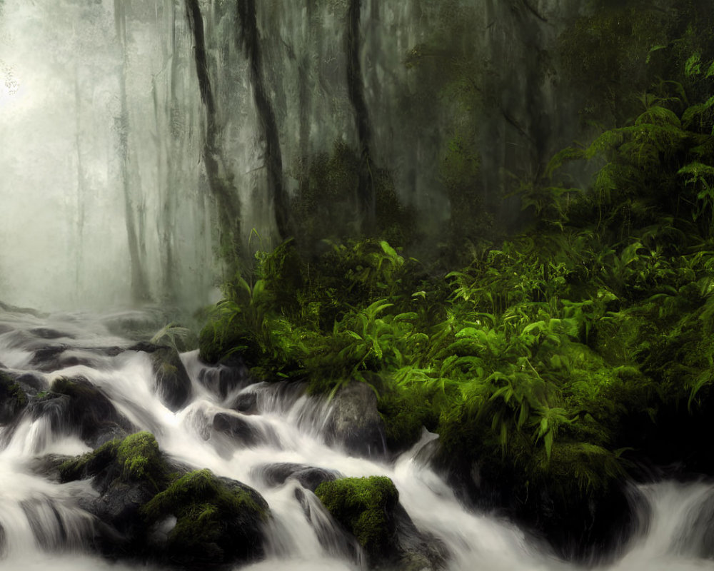 Lush green forest scene with flowing stream and soft light