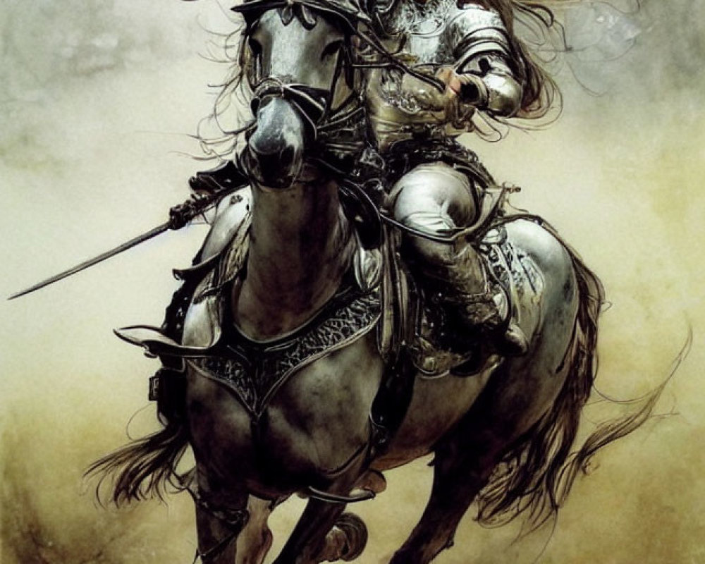 Warrior woman in silver armor on galloping horse with spear in hand