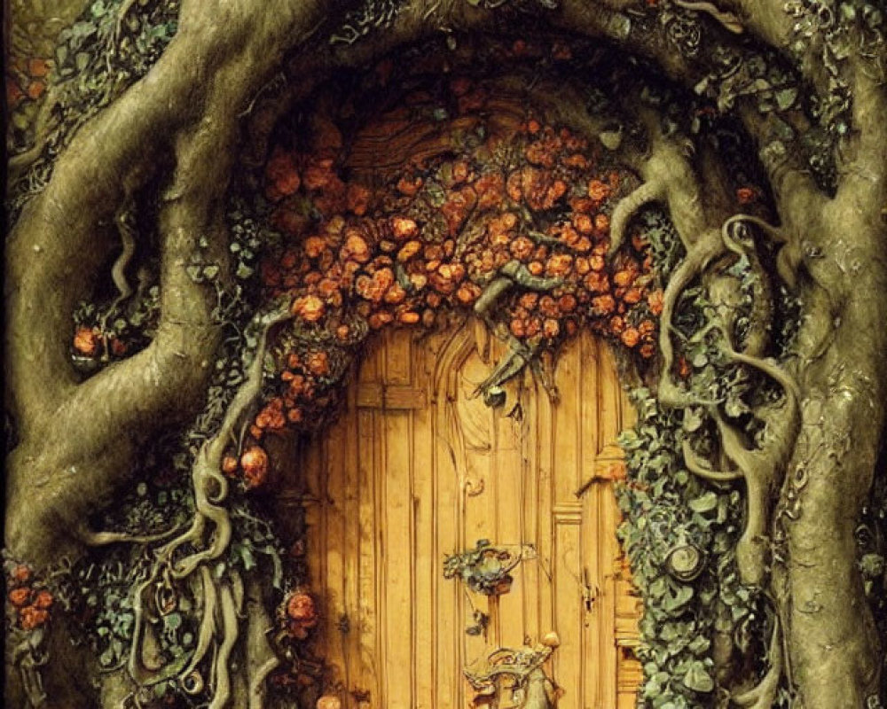 Detailed illustration of wooden door surrounded by tree roots and branches.