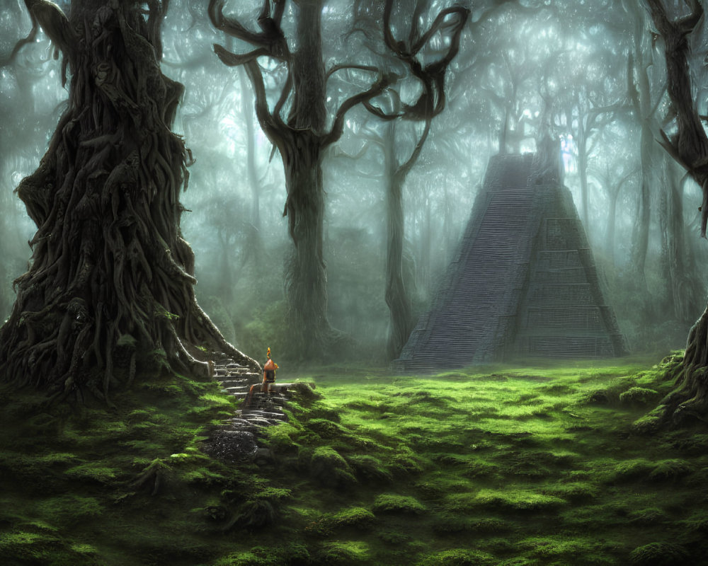 Enigmatic forest scene with ancient trees and stone pyramid in fog