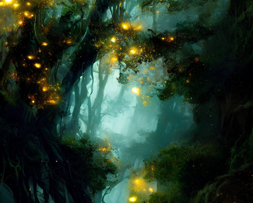 Enchanted forest path with golden lights and blue fog