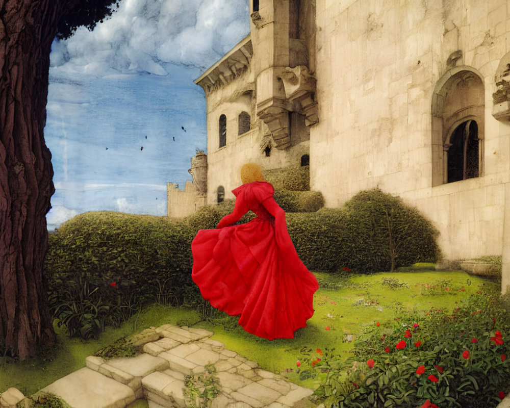 Woman in Red Dress Climbing Stone Steps Near Historic Building