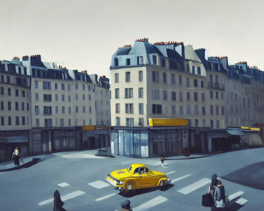 Parisian Street Scene Painting with Yellow Taxi and Pedestrians