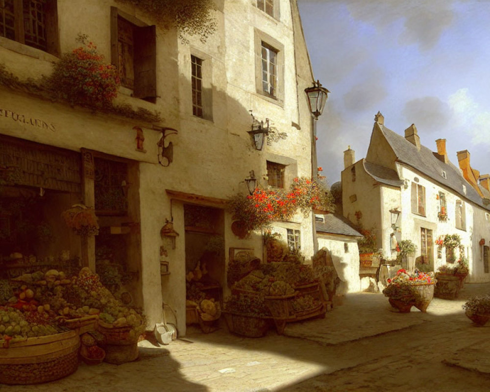 Vintage buildings on quaint cobblestone street with fresh fruits and vibrant flowers under radiant sky