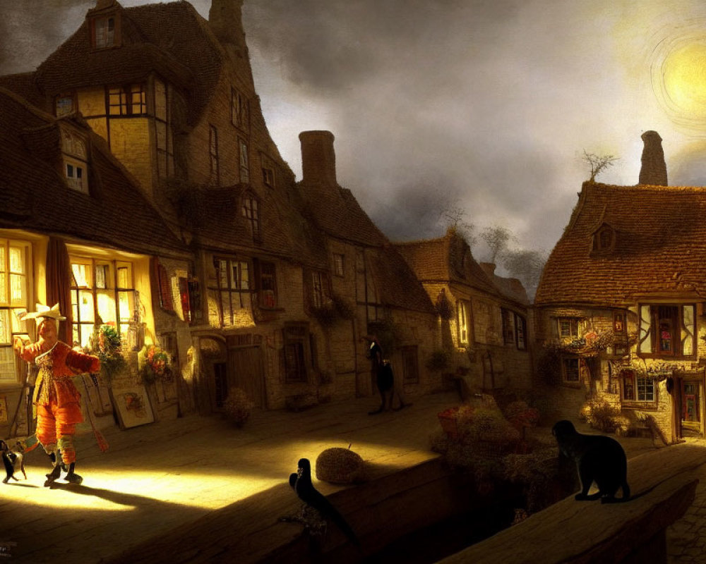 Village scene at dusk: person playing violin, onlookers, dog, and cat under sun