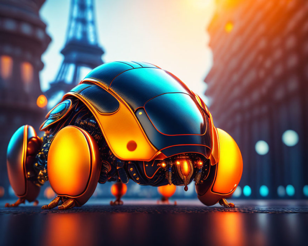 Shiny blue and orange robotic beetle in urban sunset backdrop