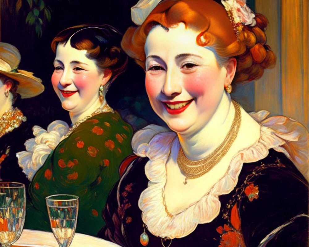 Vintage Attired Women Smiling at Table with Glasses