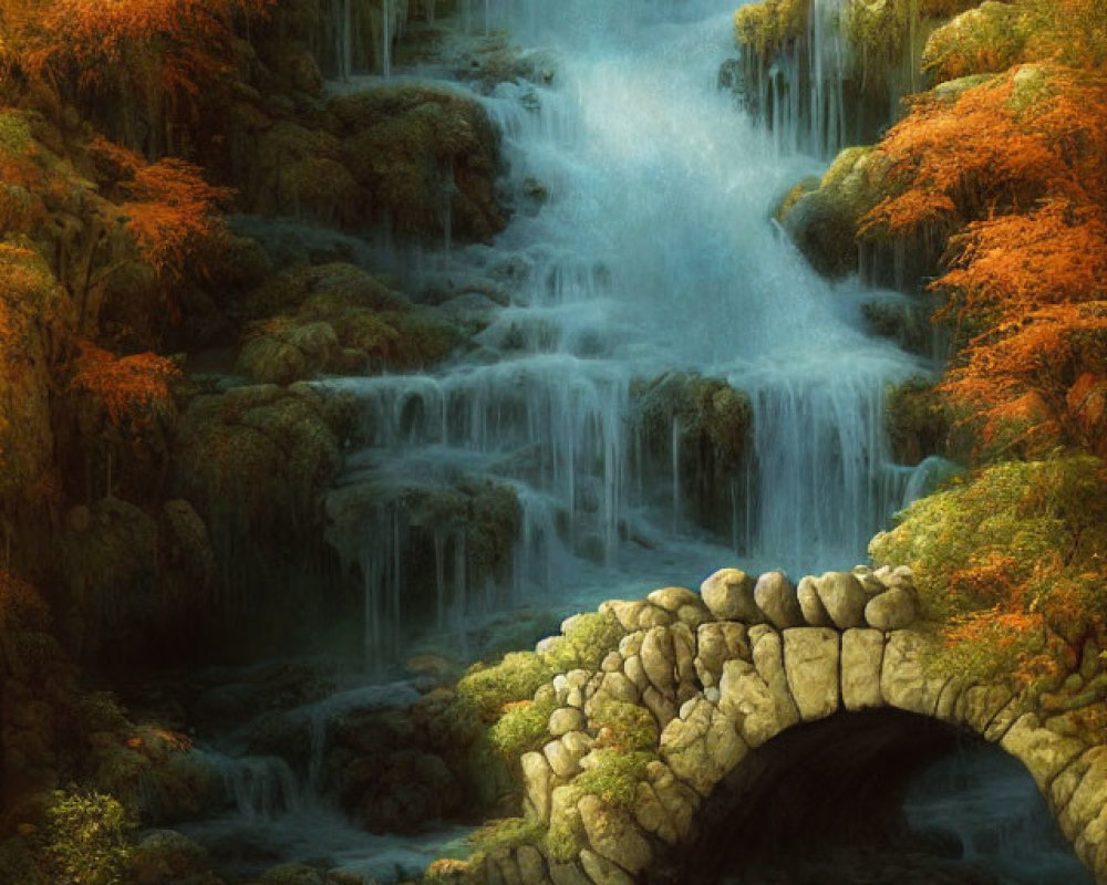 Tranquil waterfall cascades through autumnal foliage and stone bridge