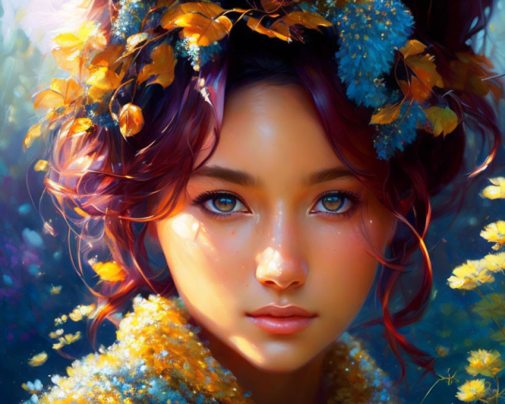 Digital artwork of woman with floral crown and captivating eyes in yellow flower backdrop