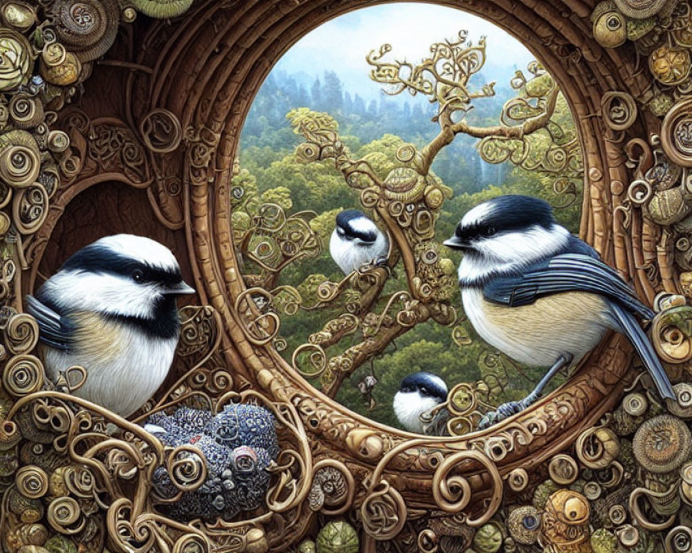 Whimsical illustration of four chickadees on branches in circular wood frame