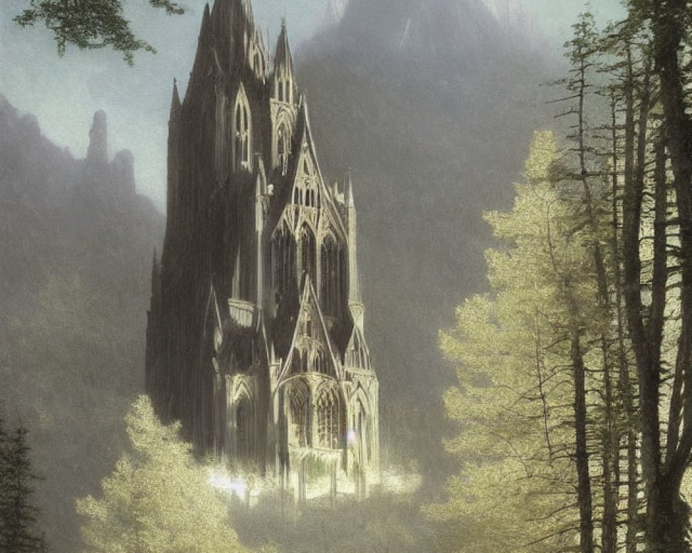 Ethereal gothic cathedral in forest with misty mountain.