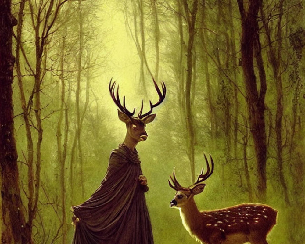 Mystical forest scene with figure in cape and deer under soft light