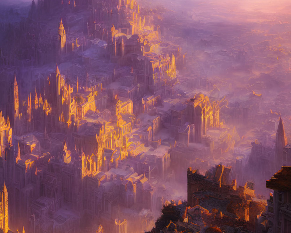 Fantastical city with towering spires at sunset in mountainous landscape