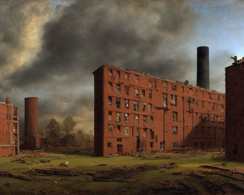 Oil painting of old industrial brick buildings with smokestacks under a cloudy sky