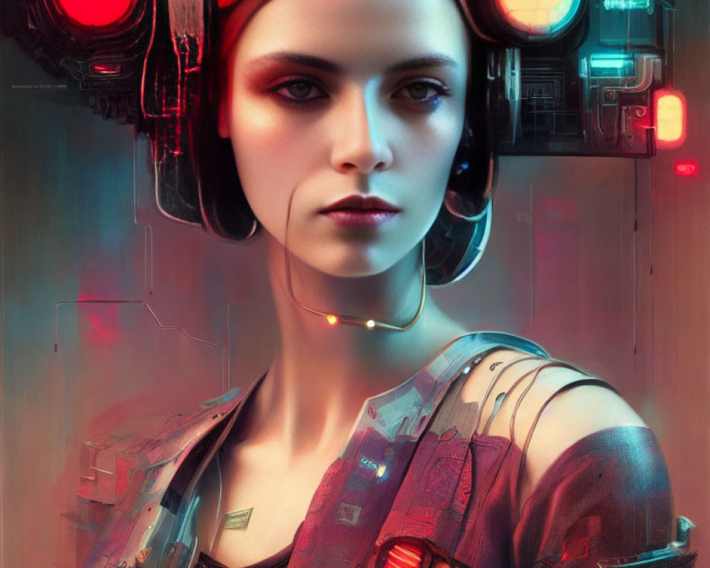 Futuristic woman with cybernetic enhancements and glowing red headset