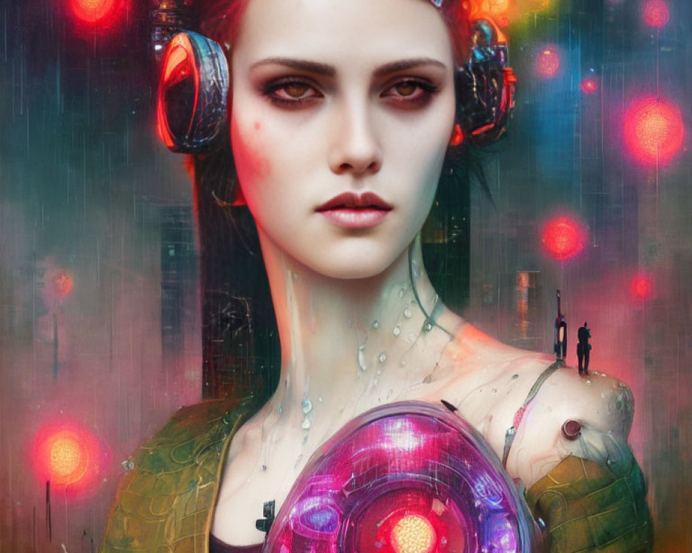 Futuristic portrait of a woman with cybernetic enhancements and red hair in neon-lit scene