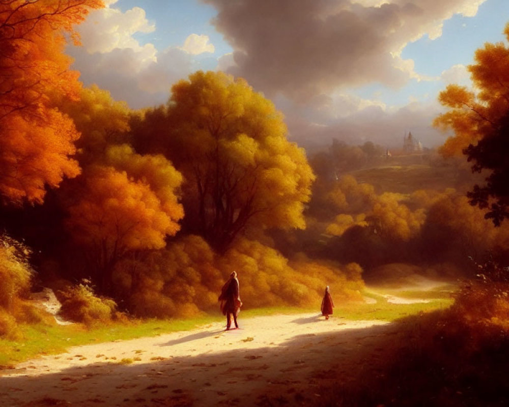 Vibrant autumn forest with two people walking on winding path