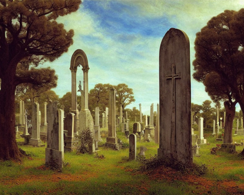 Tranquil cemetery scene with tombstones, crosses, arch monument, and trees